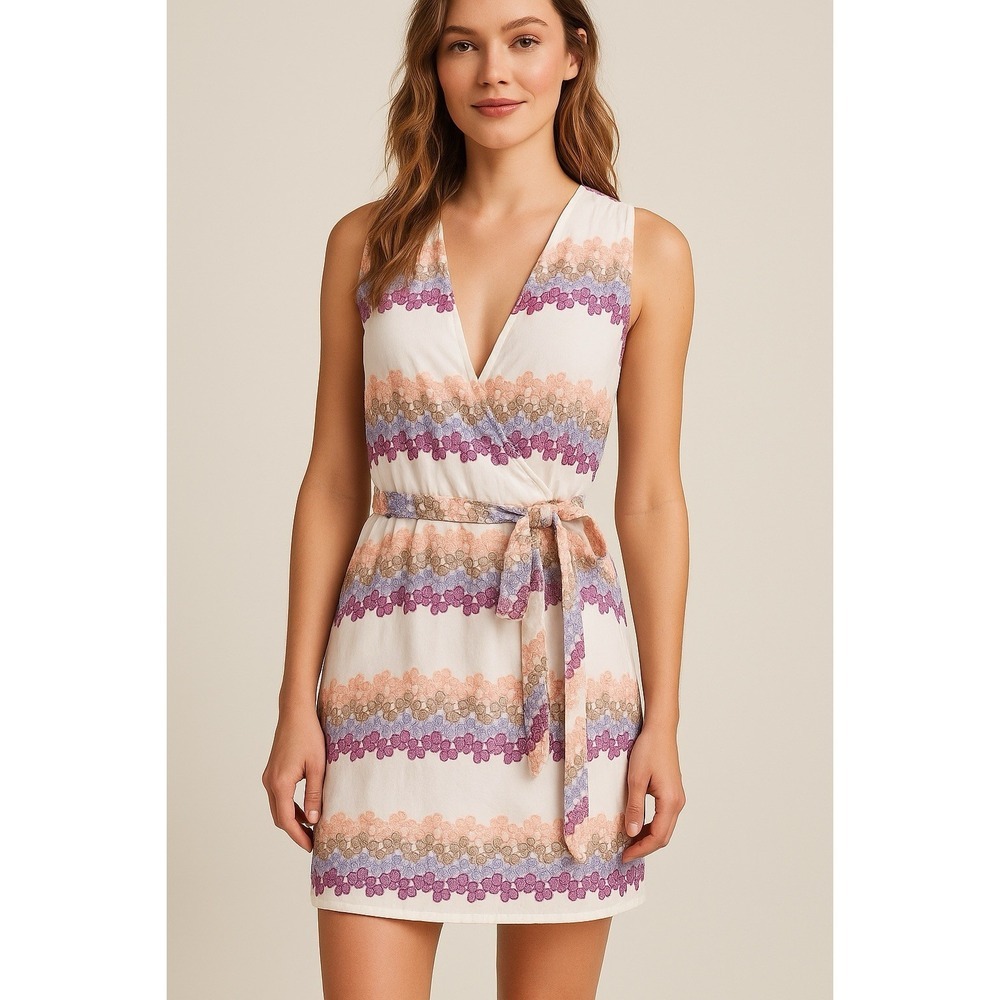 Miguelina‎ 100% Cotton Sleeveless Wrap Dress M Floral Embroidered Boho Chic